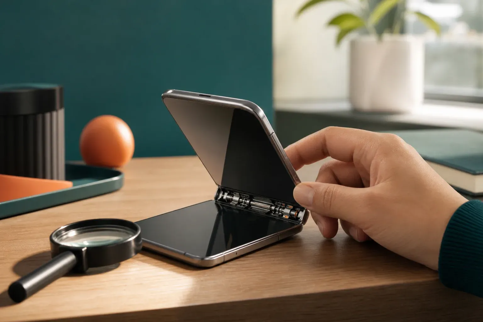 Gros plan sur une main qui inspecte la charnière d'un smartphone pliant générique entrouvert, posé sur un bureau en bois, avec une loupe à proximité.