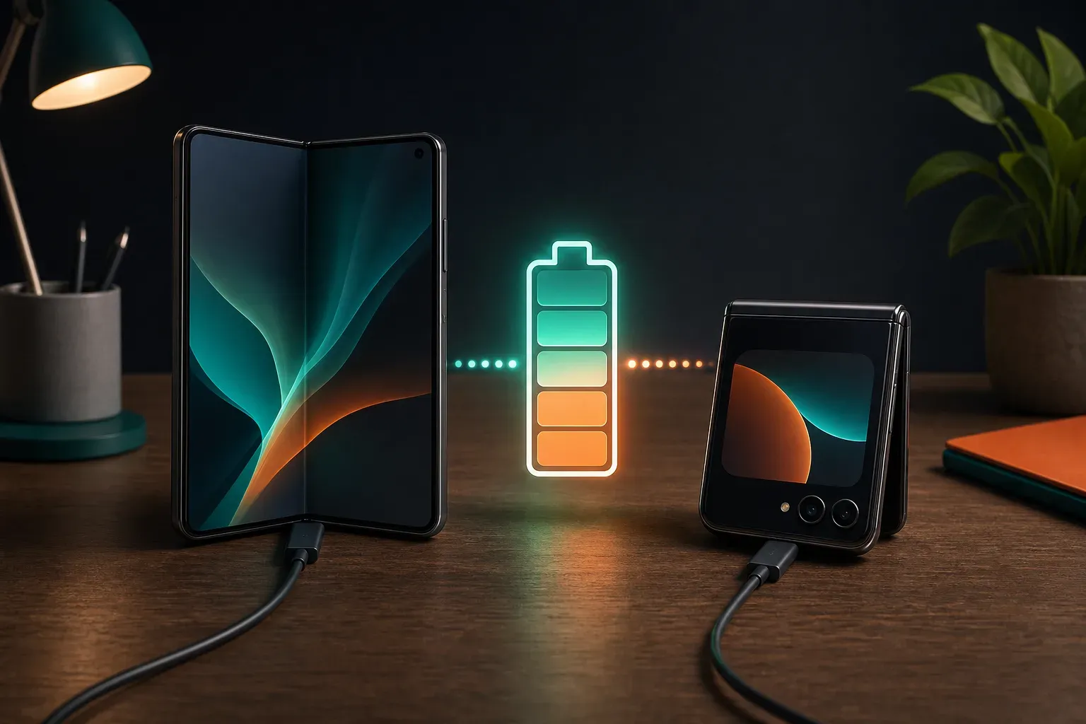 Illustration générée par IA : deux smartphones pliants génériques en charge sur un bureau, l'un ouvert au format livre, l'autre à demi replié au format clapet, avec une icône de batterie stylisée entre eux