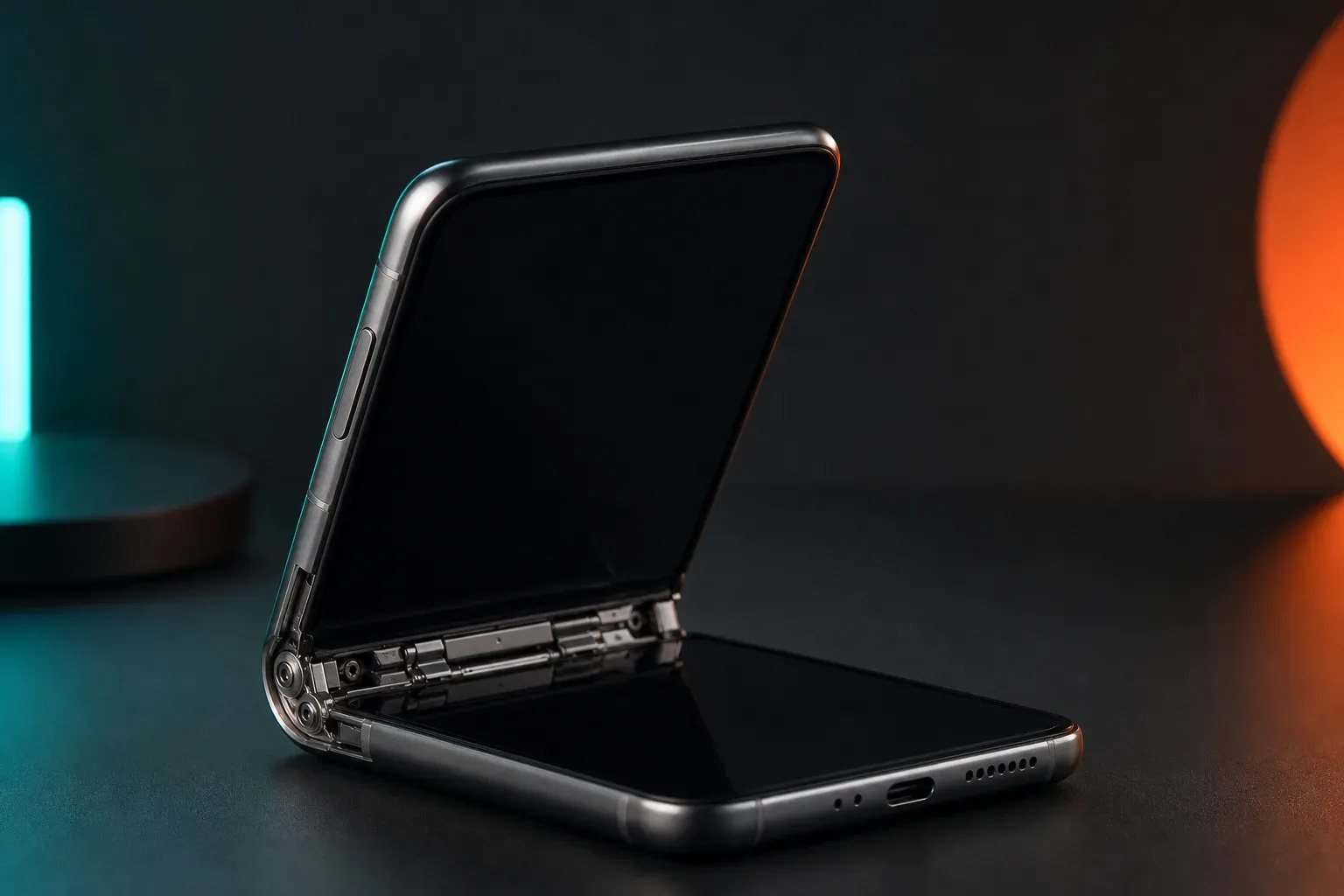 Smartphone pliant générique au format clapet, entrouvert à mi-pli sur un bureau sombre, qui laisse voir les pièces métalliques de sa charnière, avec un éclairage d'ambiance turquoise et orange.