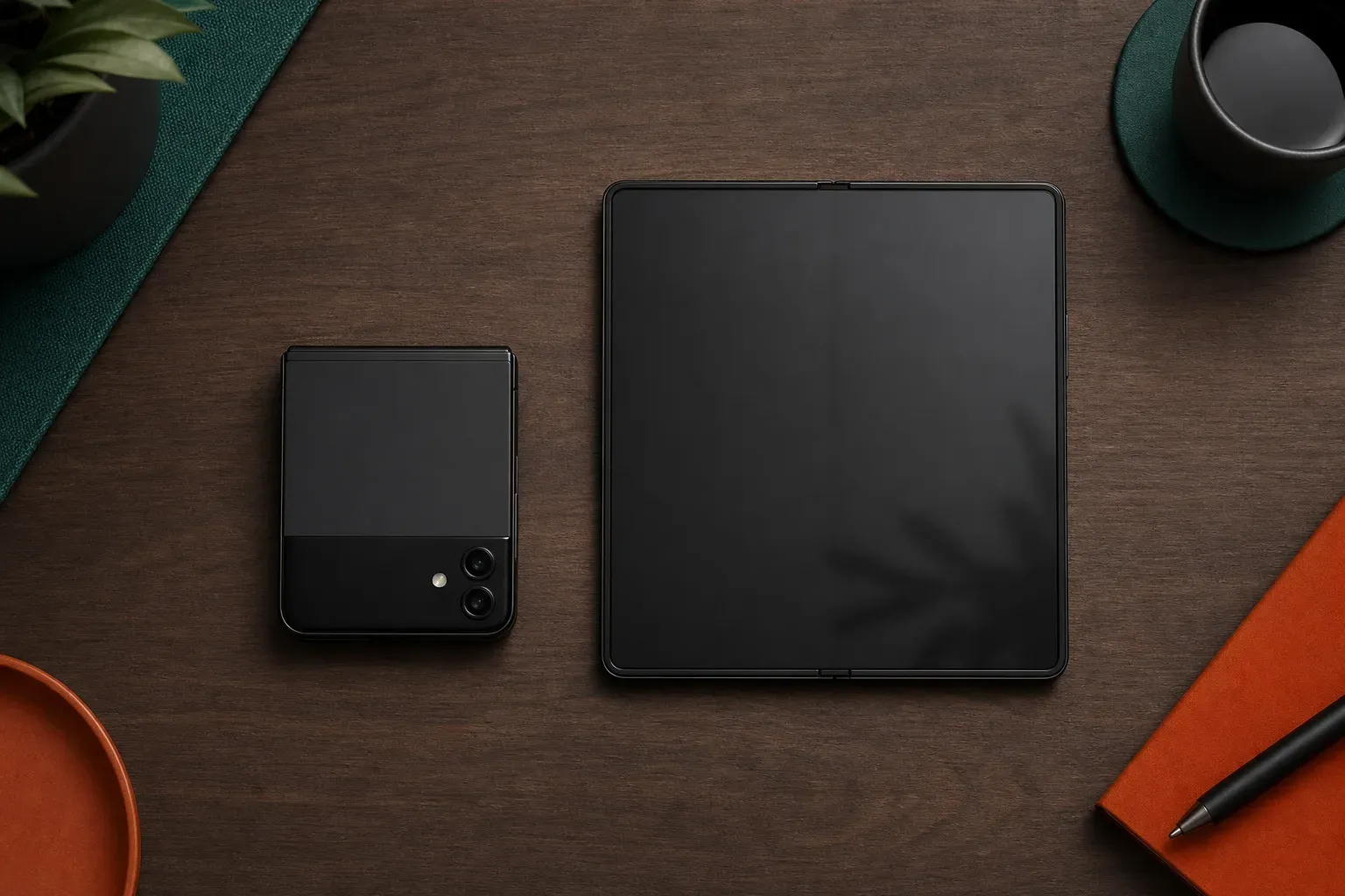 Vue de dessus de deux smartphones pliants génériques sur un bureau en bois : un modèle à clapet fermé, compact, à gauche, et un modèle au format livre entièrement déplié à plat, comme une tablette, à droite.