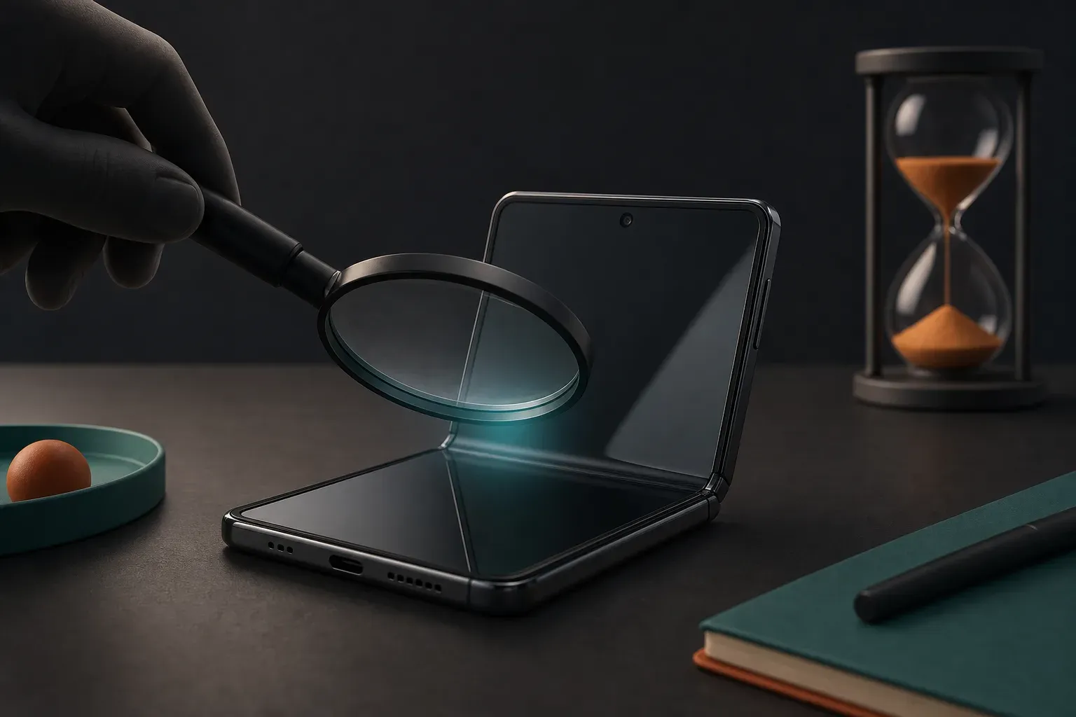 Une loupe tenue à la main au-dessus de la charnière ouverte d'un smartphone pliant générique posé sur un bureau, avec un sablier en arrière-plan évoquant le temps qui passe.