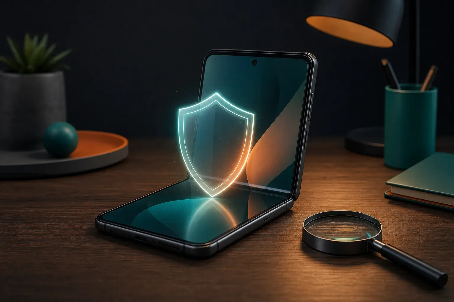 Un smartphone pliant générique entrouvert sur un bureau, avec une icône de bouclier translucide au-dessus de la charnière et une loupe posée à côté.