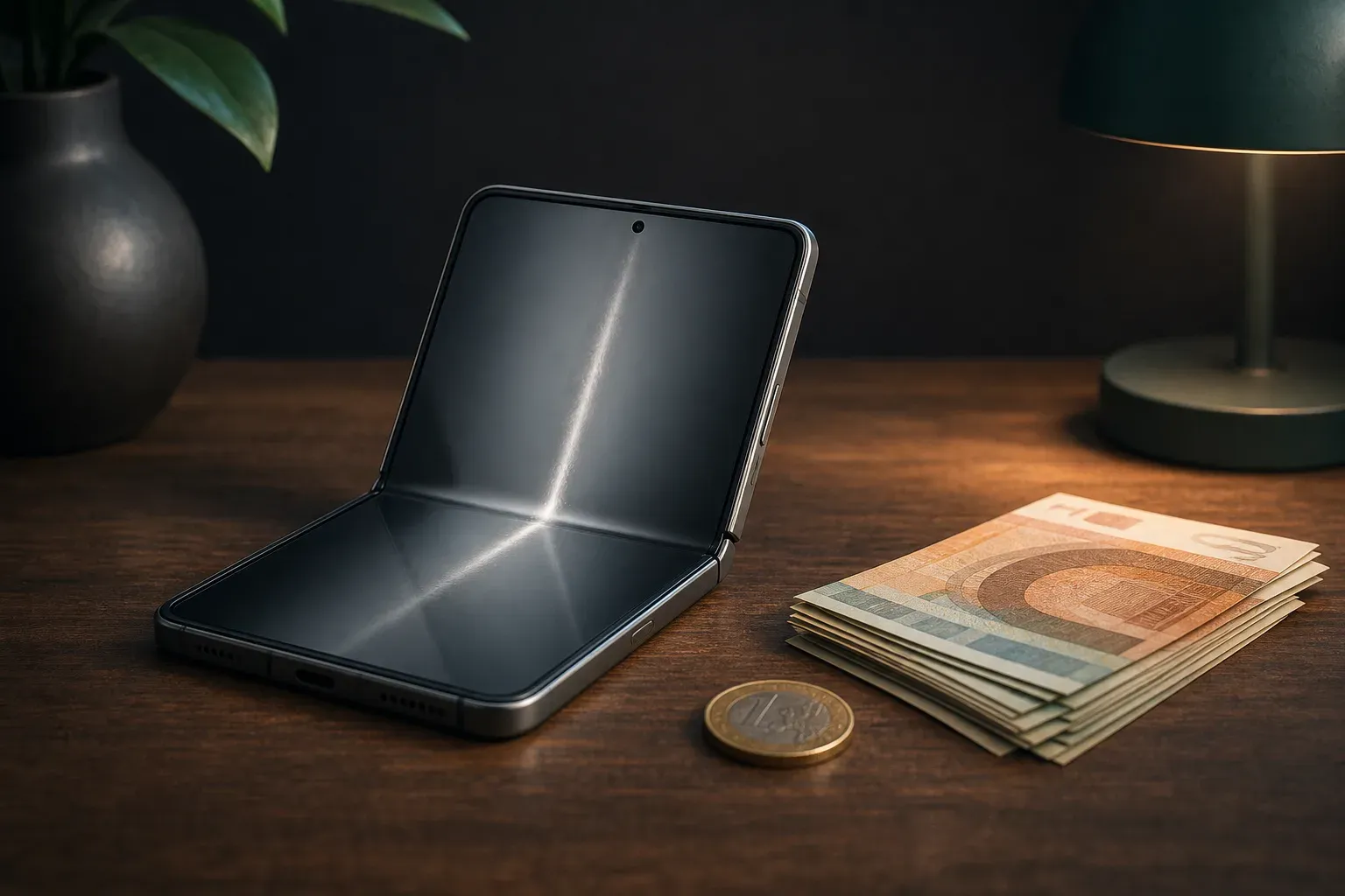Un smartphone pliant générique entrouvert sur un bureau en bois, avec une ligne de pli visible sur l'écran intérieur, posé à côté d'une pièce et de billets évoquant son prix élevé.