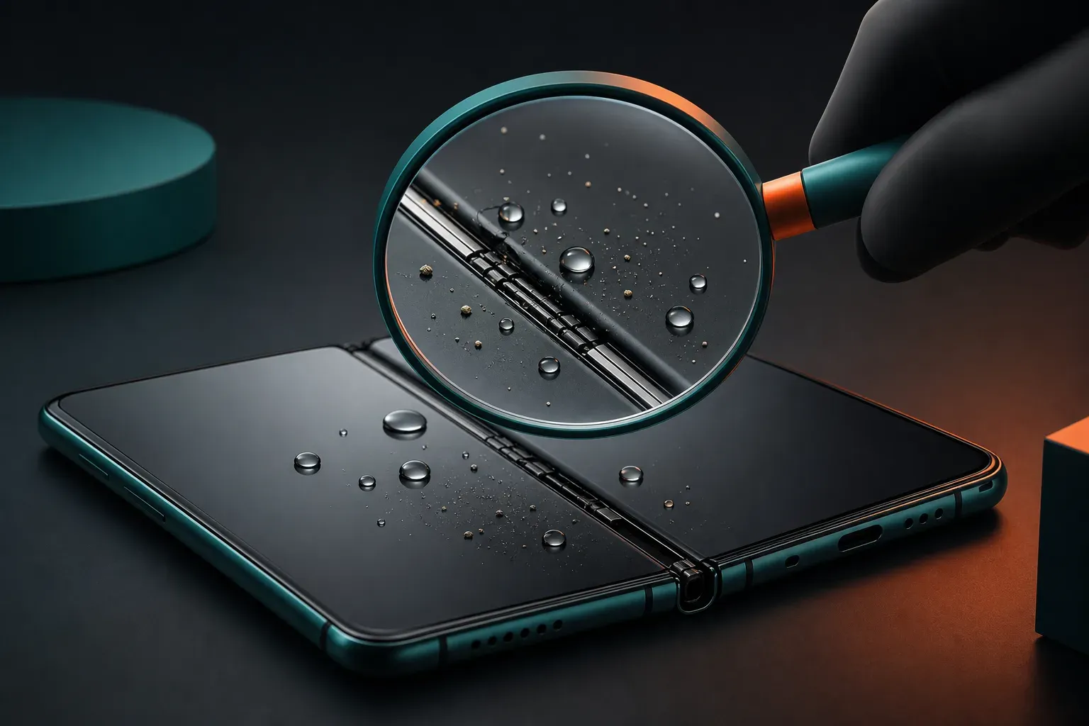 Une main gantée tient une loupe qui grossit des gouttes d'eau et des grains de poussière posés sur la charnière d'un smartphone pliant générique posé ouvert à plat sur une table.