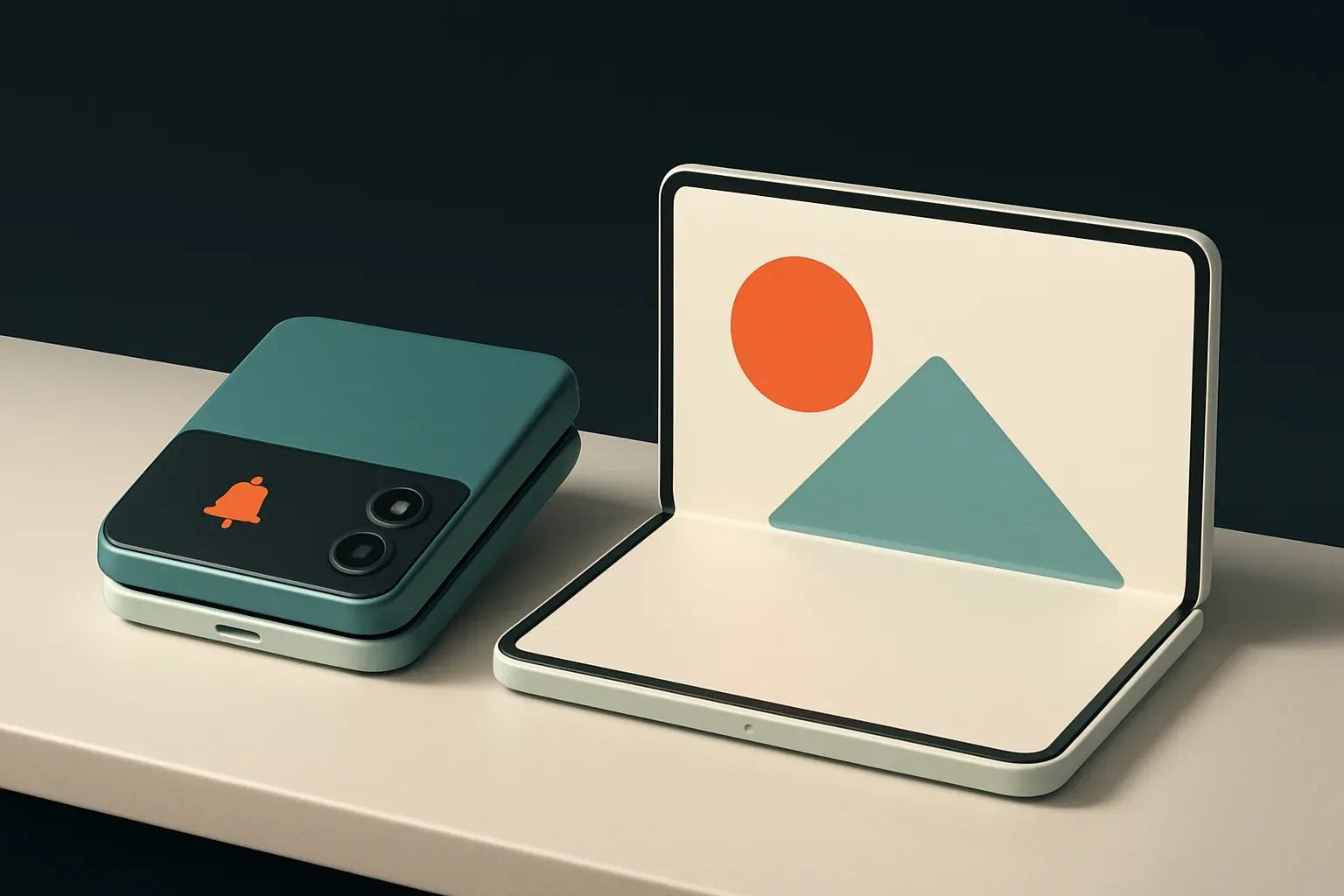 Deux smartphones pliants génériques posés sur un bureau, l'un fermé au format clapet, l'autre entrouvert au format livre, pour comparer les deux façons de plier un écran.