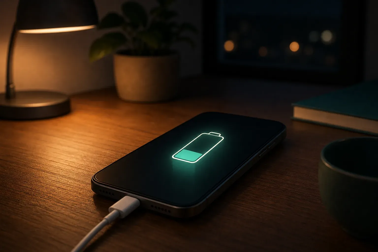 Illustration générée par IA : un smartphone générique posé sur un bureau en bois la nuit, câble de charge branché, une icône de batterie stylisée affichant un niveau de charge partiel sur l'écran