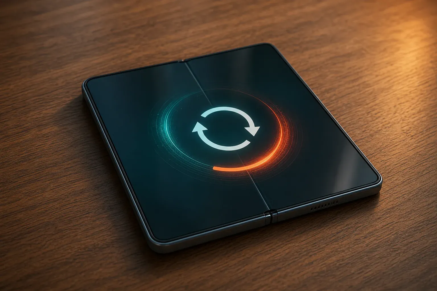 Un smartphone pliant générique posé presque à plat sur un bureau en bois, affichant sur son écran intérieur une icône circulaire de mise à jour logicielle avec des flèches et un anneau de progression lumineux.