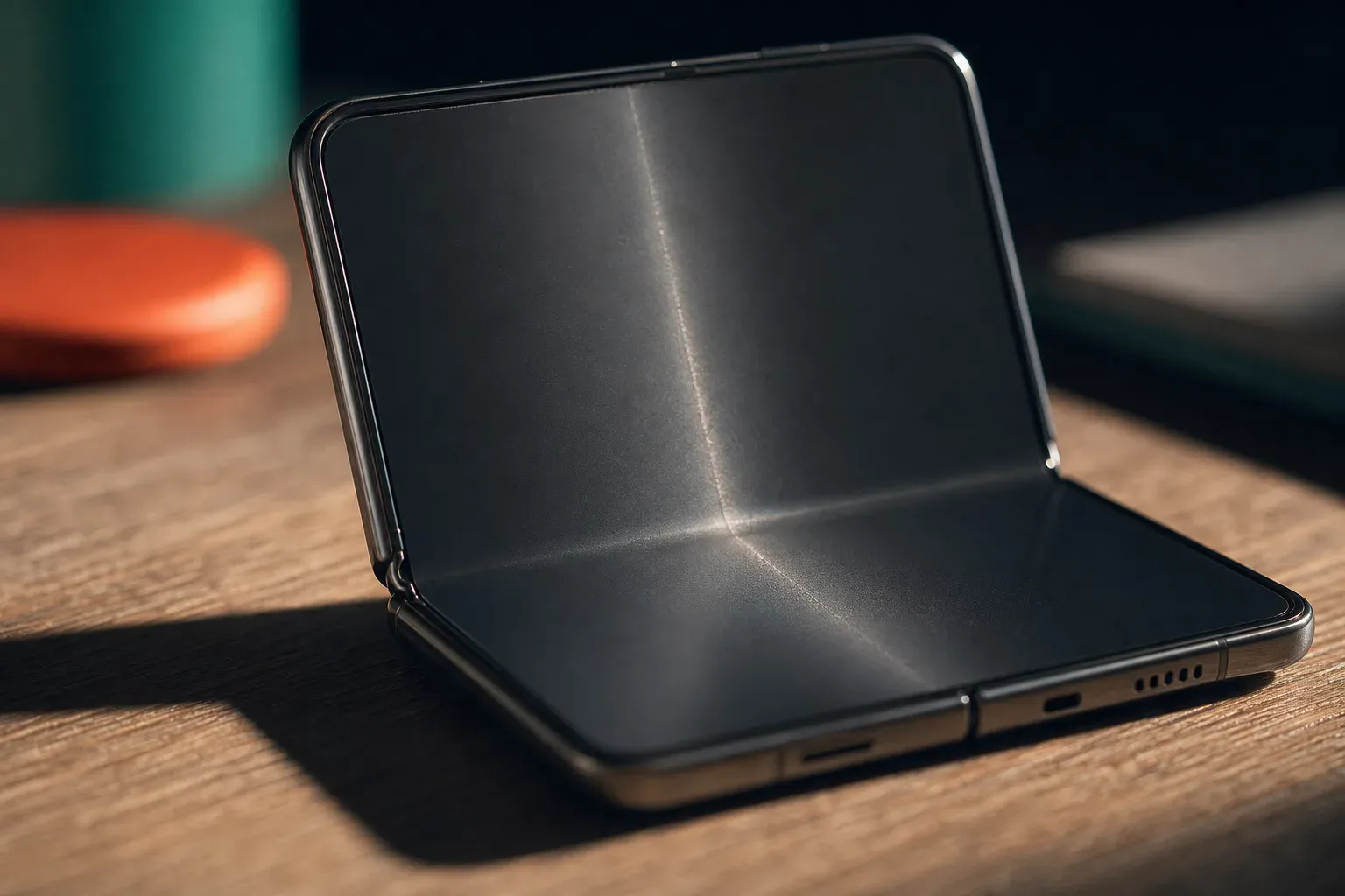 Un smartphone pliant générique entrouvert sur un bureau en bois, éclairé de côté par une lumière rasante qui fait apparaître une fine ligne de pli verticale au centre de l'écran intérieur.