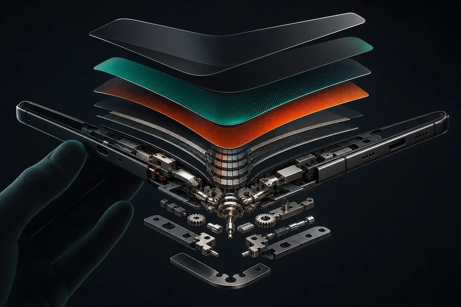 Vue éclatée d'un smartphone pliant générique entrouvert, soutenu à gauche par une main en ombre chinoise : les fines couches de son écran flexible se détachent au-dessus, avec en dessous les engrenages et pièces métalliques de précision de sa charnière, sur un fond de studio sombre.