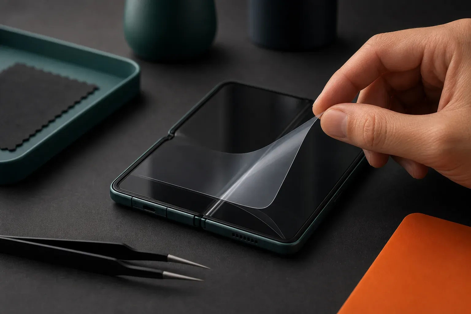 Gros plan sur une main qui décolle avec précaution un film souple et transparent posé sur l'écran intérieur d'un smartphone pliant générique entrouvert, une pince à épiler posée à côté sur un bureau sombre.