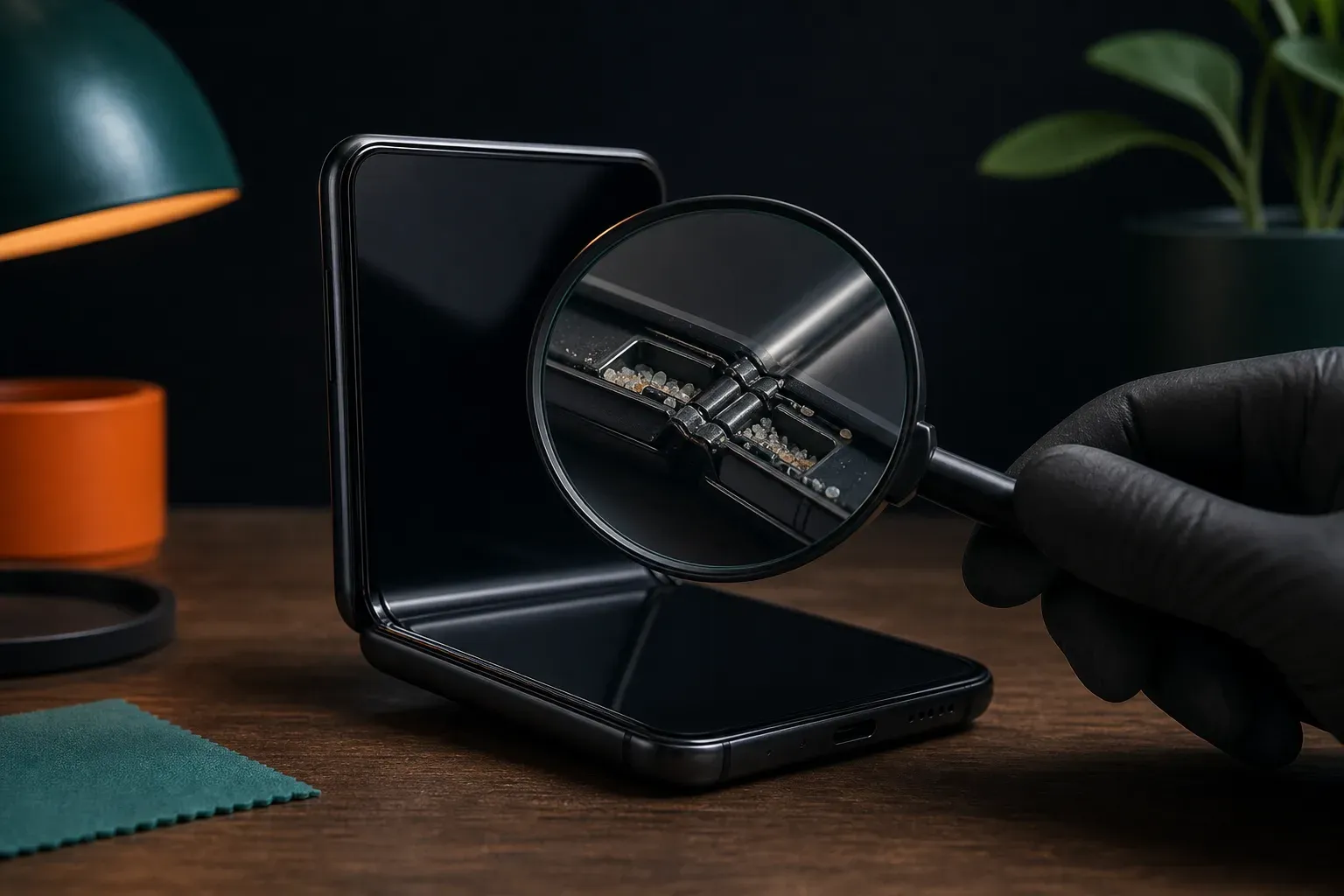 Une loupe tenue par une main gantée examine la charnière ouverte d'un smartphone pliant générique, où quelques grains de sable se sont glissés près du pli.