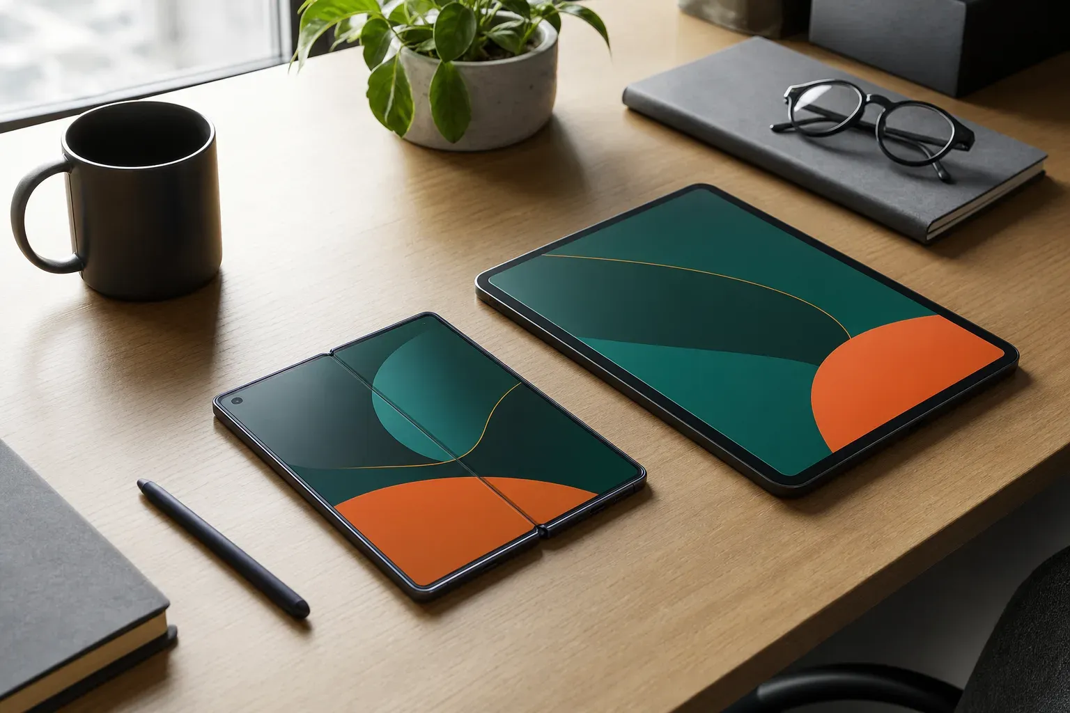 Un smartphone pliant déplié posé à plat sur un bureau en bois, à côté d'une tablette nettement plus grande