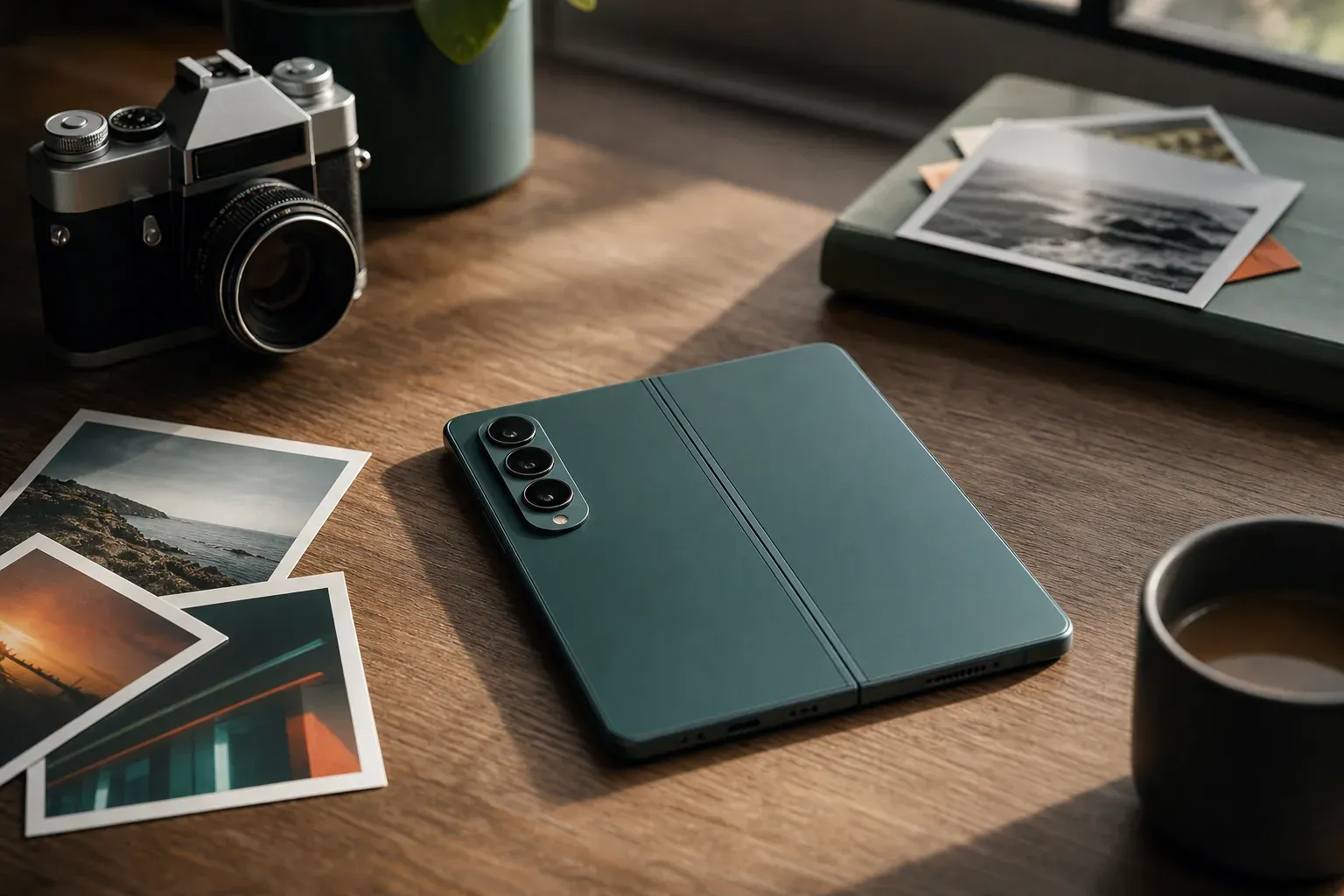 Un smartphone pliant générique refermé, posé sur un bureau en bois, avec son triple module photo apparent, entouré d'un appareil photo argentique vintage et de tirages papier.